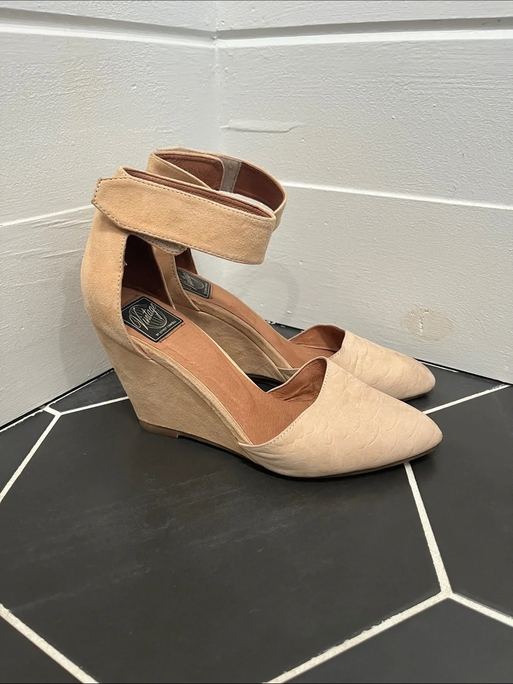 Women's Vintage by Jeffery Campbell “Tatum” Ankle-Strap Wedge Heels in Nude